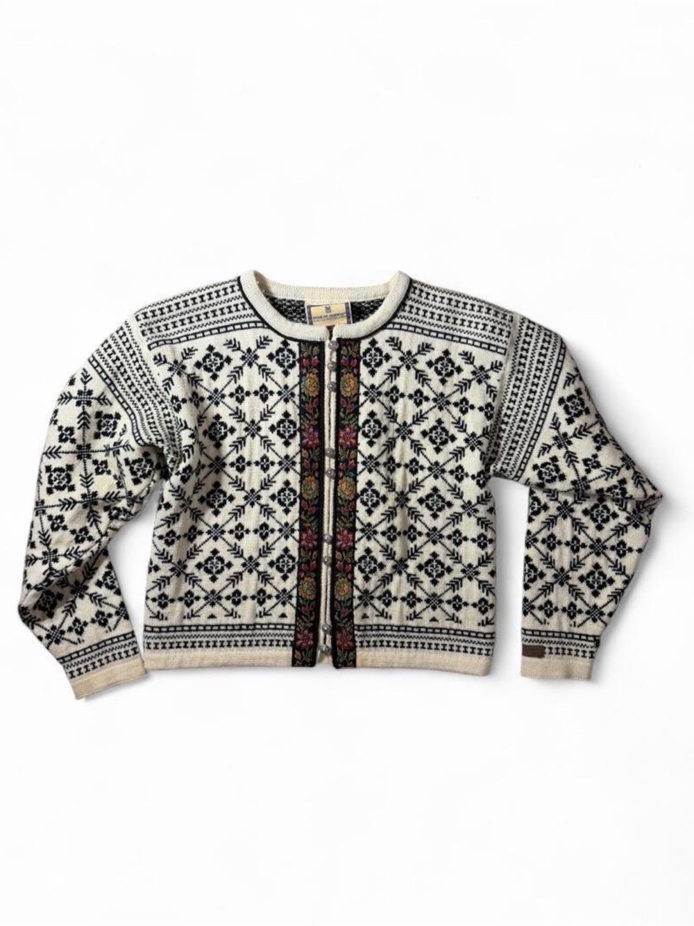 Dale of Norway Women's Wool Cardigan Sweater Norwegian Fair Isle Floral Black